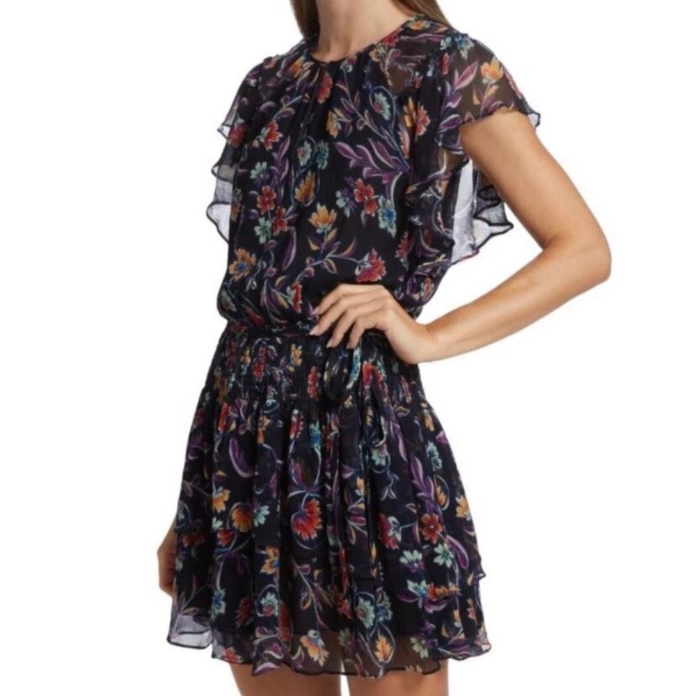 NWT RAMY BROOK Navy Blue Floral Cap Sleeve Tiered Ruffle Mini Dress Size Medium